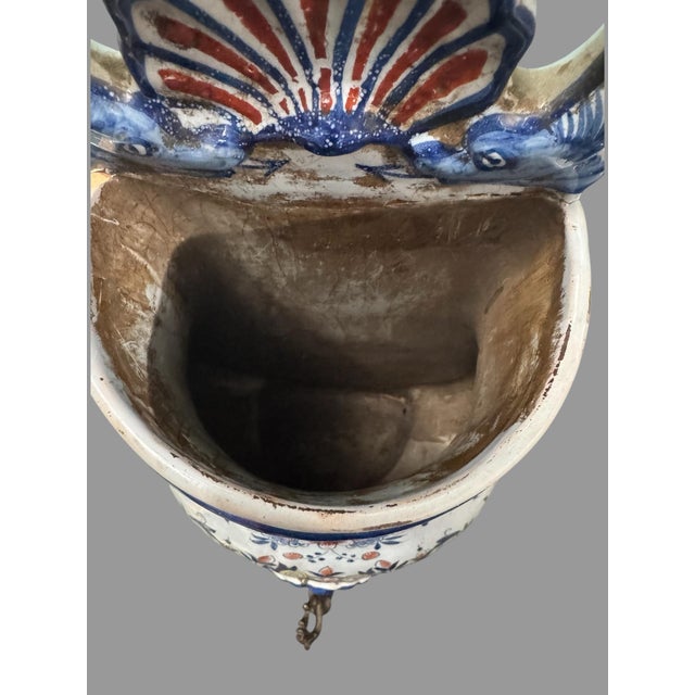 Late 19th Century Antique French Faience Floral Polychrome Decorated Lavabo Wall Fountain For Sale - Image 5 of 11