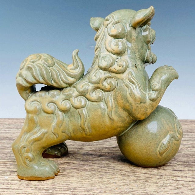 Traditional Pair of Antique Celadon Glazed Guardian Lions – 9.8" Foo Dogs With Brocade Balls For Sale - Image 3 of 9