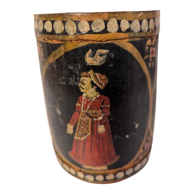 Mid-20th Century Hand-Painted Rajasthani Wooden Vessel With Mughal Court Portraits For Sale
