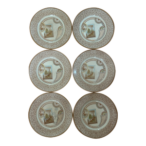 19th Century Aesthetic Movement Antique Old Hall Excelsior Transferware Dinner Plates- Set of 6