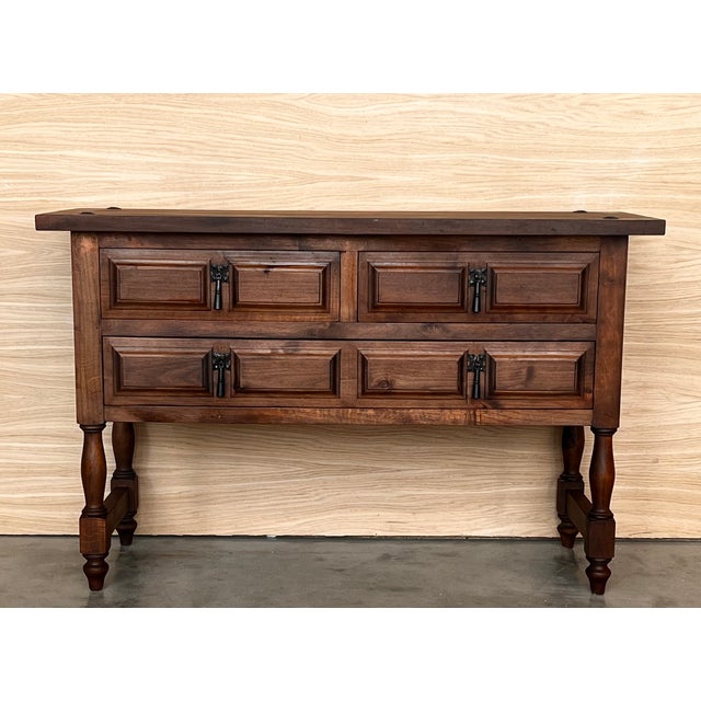 19th Century Catalan Spanish Carved Walnut Console Sofa Table, Four Drawers For Sale - Image 4 of 11