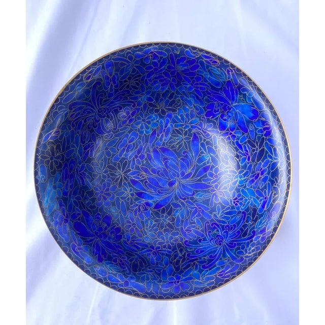 Jingfa Chinese Blue Cloisonné Bowl with Carved Wooden Stand Measures 8" diameter.
