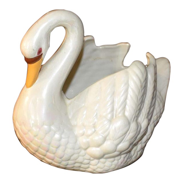 Painted Ceramic White Swan Planter - Signed 1969 For Sale