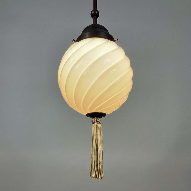 Art Deco Opaline Glass and Burnished Brass Pendants, Germany 1930s, Set of 2 For Sale - Image 12 of 17