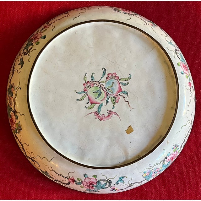 Antique 18th C. Chinese Qianlong Period (1736 - 1795) Canton Dish Painted Enamel on Copper With Flowers, Cricket and Bat For Sale - Image 4 of 13