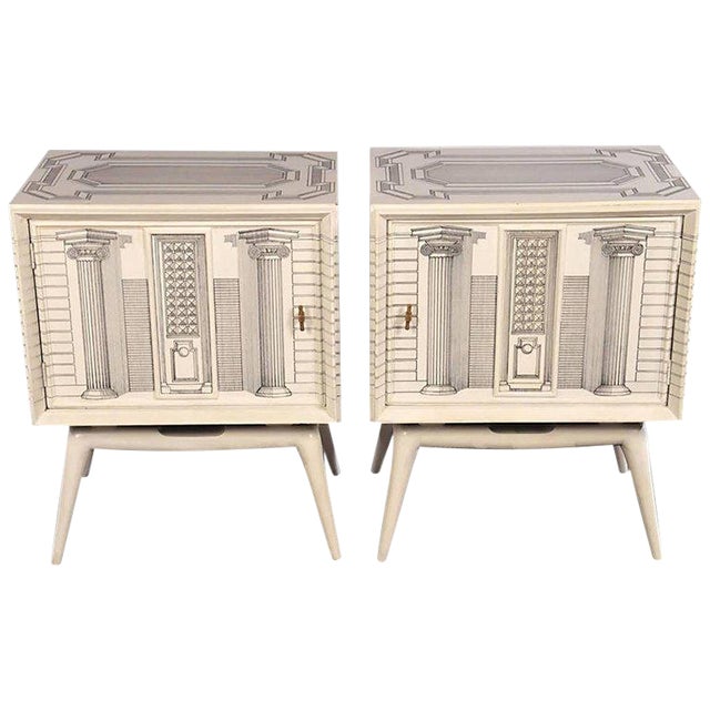 Pair of Architectural Hand Painted End Tables in the Fornasetti Manner For Sale