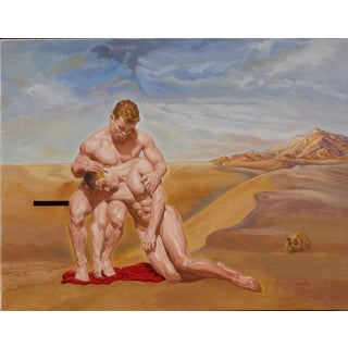 Pieta by John Tarantola | Oil on Panel Depiction of two male figures in a desert setting. For Sale