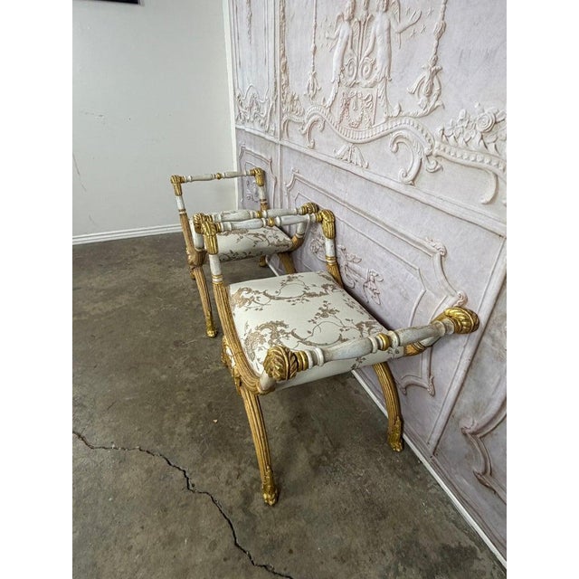 Neoclassical Pair of Italian Neoclassical Curule Stools W/ Fortuny Upholstery For Sale - Image 3 of 17