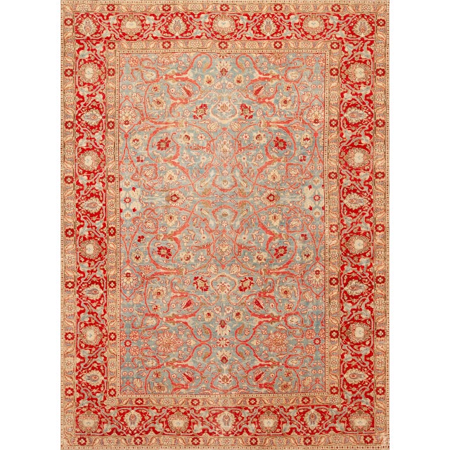 Exquisite Antique Persian Tabriz Rug with Sky Blue Field and Refined Red Floral Border, Country of Origin: Persia, Circa...