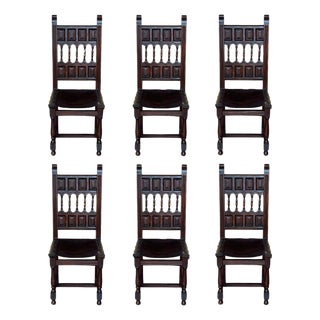 19th Set of Six Spanish Carved Chairs with Leather Seat and Back For Sale