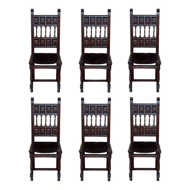 19th Set of Six Spanish Carved Chairs with Leather Seat and Back For Sale