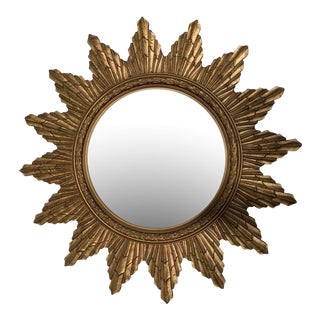 1940's Convex Mirror in a Carved Starburst Frame For Sale