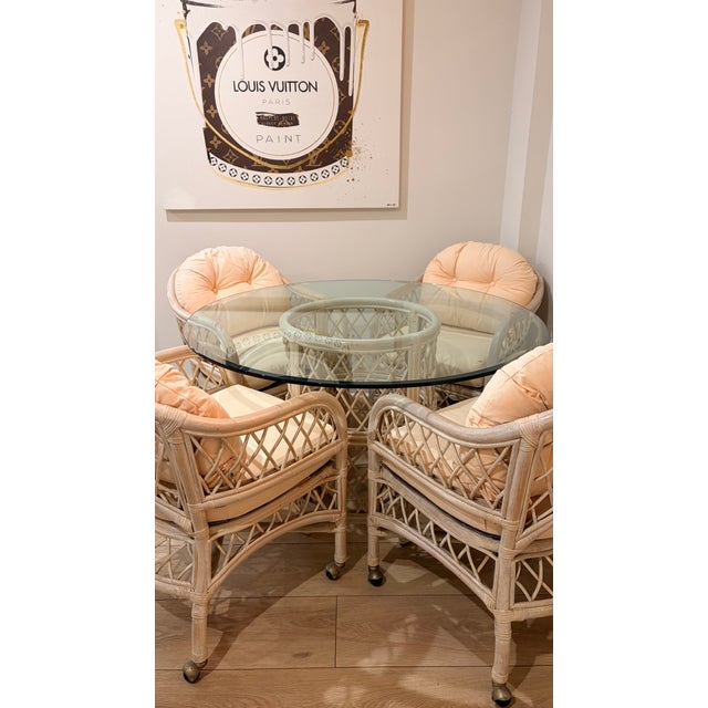 Coastal Vintage 1980s White-Wash Henry Link Wicker & Rattan 5-Piece Dining Set on Casters For Sale - Image 10 of 10