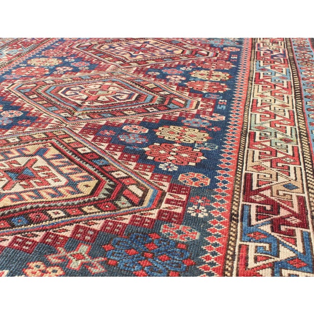 Antique Kazak Tri- Medallion Rug With Multi Coors and Indigo Background For Sale In Atlanta - Image 6 of 8