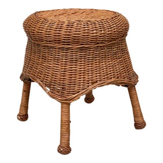 Vintage Boho Natural Wicker Round Footstool Ottoman For Sale