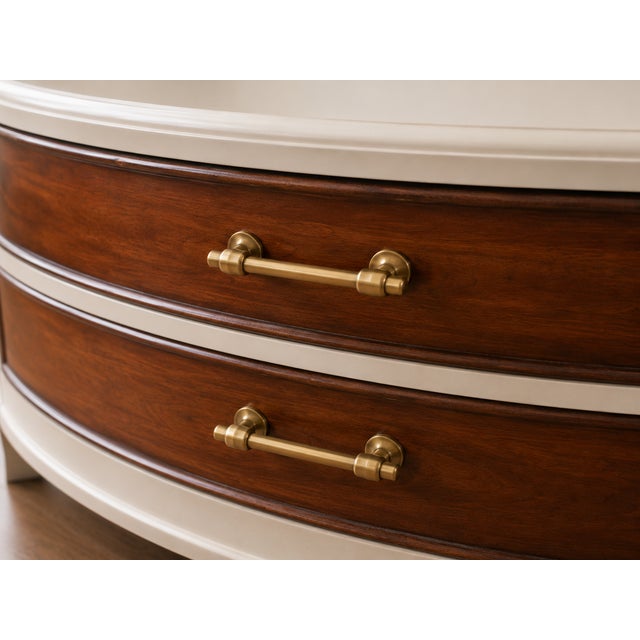 Traditional Mid 20th Century Transitional Oval Cocktail Table With Walnut Drawers and Brass Pulls For Sale - Image 3 of 3