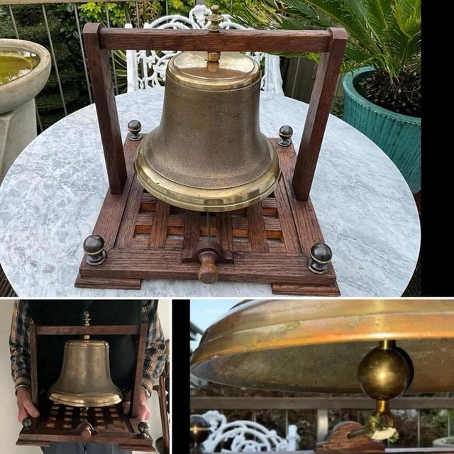 A magnificent and exceptionally substantial late 19th-century bronze bell, presented in its impressive original-style oak...