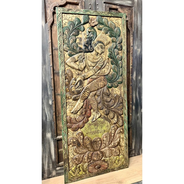 Mid-Century Modern Vintage Colorful Dancing Krishna Carved Wood Door – Handcrafted Indian Art Wall Panel 83x36 For Sale - Image 3 of 8