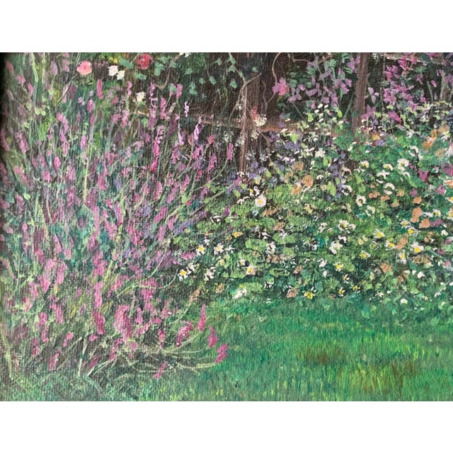 Vintage Oil Painting Art Deco “Secret Garden” Signed Claire Beauregard 1970 For Sale - Image 4 of 8