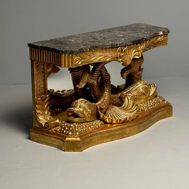 Wood Pair of French Wood Carved Dolphin Console Tables, Pier Tables, Giltwood For Sale - Image 7 of 12