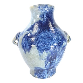 Lg. Chinese or European Cobalt Blue Reduction Glaze Ceramic W/ Jug Elephant Handles For Sale