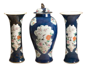 Antique Trumpet Vases and Lidded Jar, Set of 3
