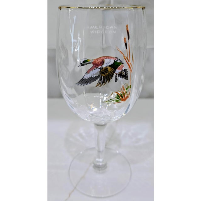 Vintage Ned Smith Waterfowl Series 22k Gold Rim Crinkle Wine Glasses Set of 6 For Sale - Image 10 of 14
