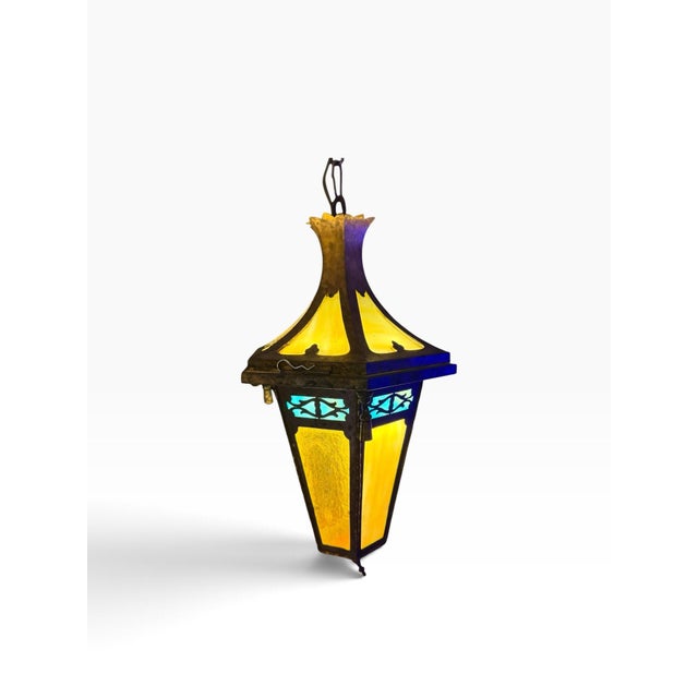 Vintage Gothic 6 Panel Stained Glass Swag Lamp Hanging Lantern For Sale - Image 9 of 9