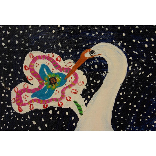 This fun, abstract, acrylic painting features a hybrid swan-goose on a blue and white speckled background framed with...