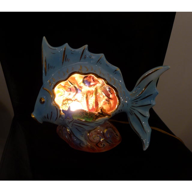 Blue Fish Night Light in Slip-Cast Earthenware by LP Ceroc Monaco, 1950s For Sale - Image 8 of 14
