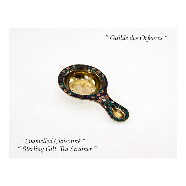1960s Sterling Gilt Tea Strainer With Multicolor Enameled Cloisonné. For Sale