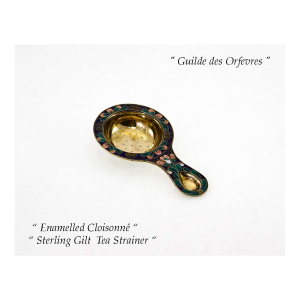 1960s Sterling Gilt Tea Strainer With Multicolor Enameled Cloisonné.