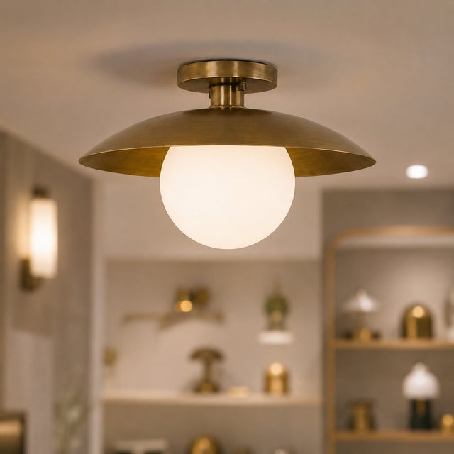 Brass Handcrafted Solid Brass Flush Mount Ceiling Light With Opal Glass Globe For Sale - Image 8 of 9