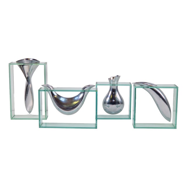 Art Vase in Aluminum and Glass attributed to Lisa Mori, Italy, 1980s, Set of 4 For Sale