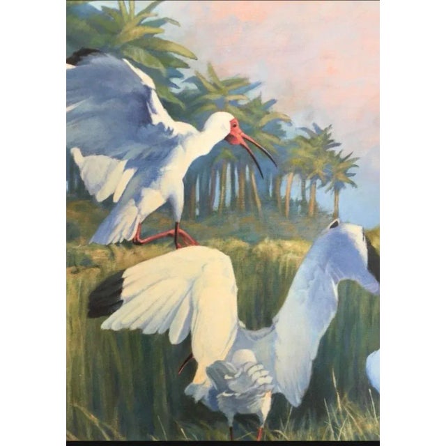 1980s J Felsing Wildlife Original Oil Painting on Board Cranes in the Wild, Large Size, Framed For Sale - Image 4 of 5