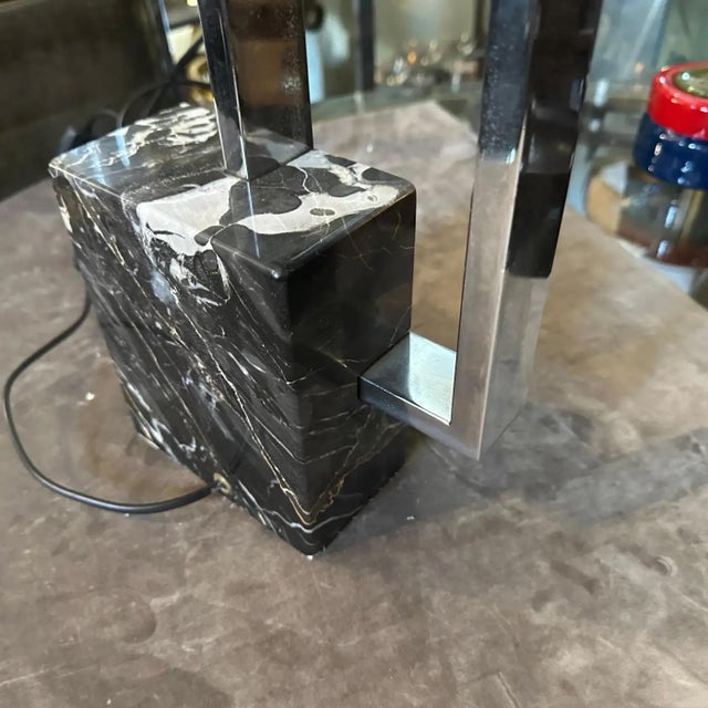 Mid-Century Modern 1970s Modernist Chromed Metal and Marble Table Lamp With Hand Painted Lampshade For Sale - Image 3 of 14