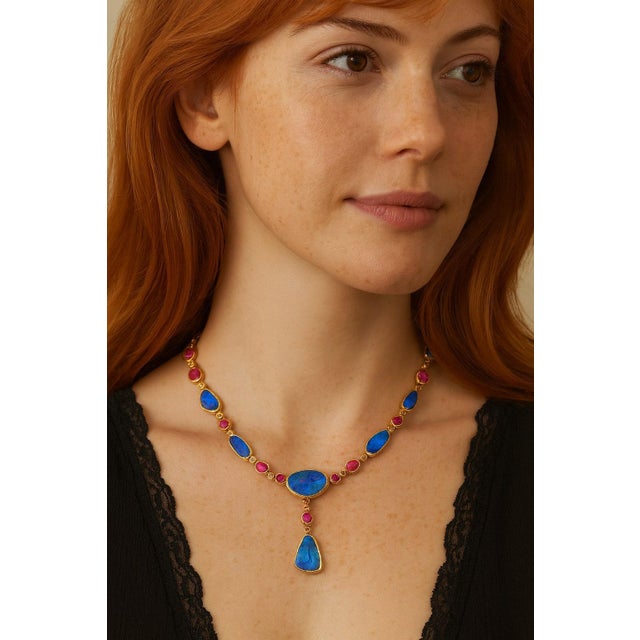 Bochic “Capri” Vintage Ruby & Blue Opal Necklace Set In 18K Gold & Silver For Sale - Image 4 of 6