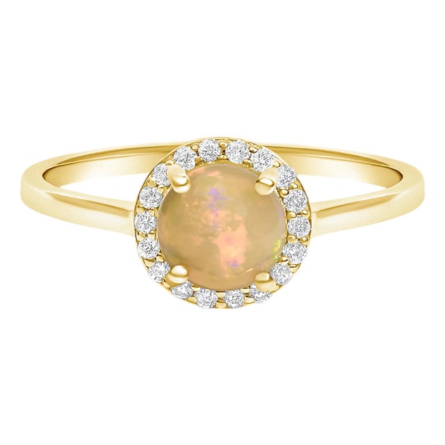 10K Yellow Gold Opal and 1/10 Cttw Diamond Halo Ring For Sale