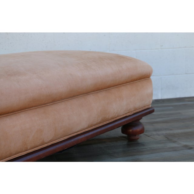Oversized Vintage Ralph Lauren Tan Leather & Wood Ottoman With Bun Feet For Sale - Image 9 of 18