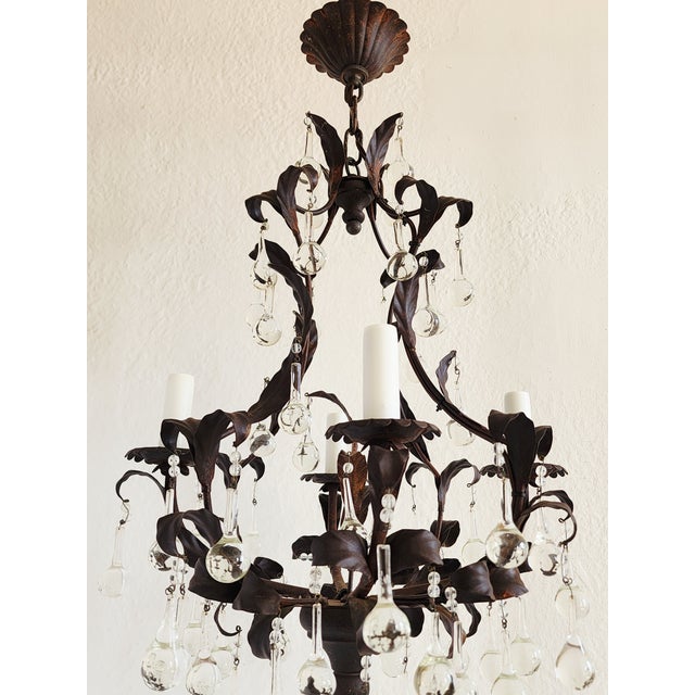 1950s French Style Wrought Iron & Tole Chandelier With Crystals For Sale - Image 4 of 11