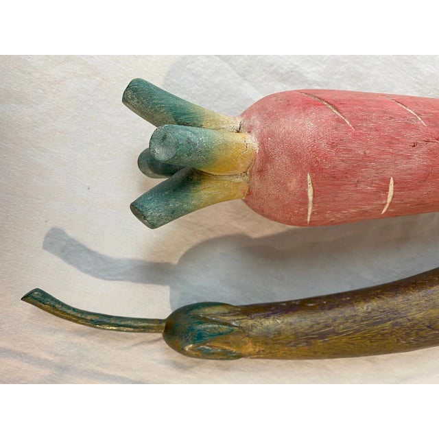1980s Vintage Hand Carved and Painted Wooden Turnip and Eggplant - 2 Pieces For Sale - Image 5 of 10
