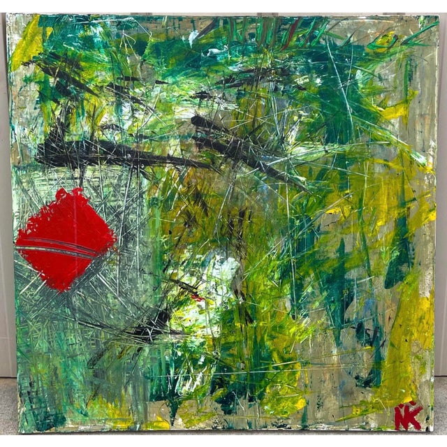 Large Scale Mid-Century Modern Signed Abstract Oil on Canvas, Green /Red C.1972 For Sale - Image 4 of 7