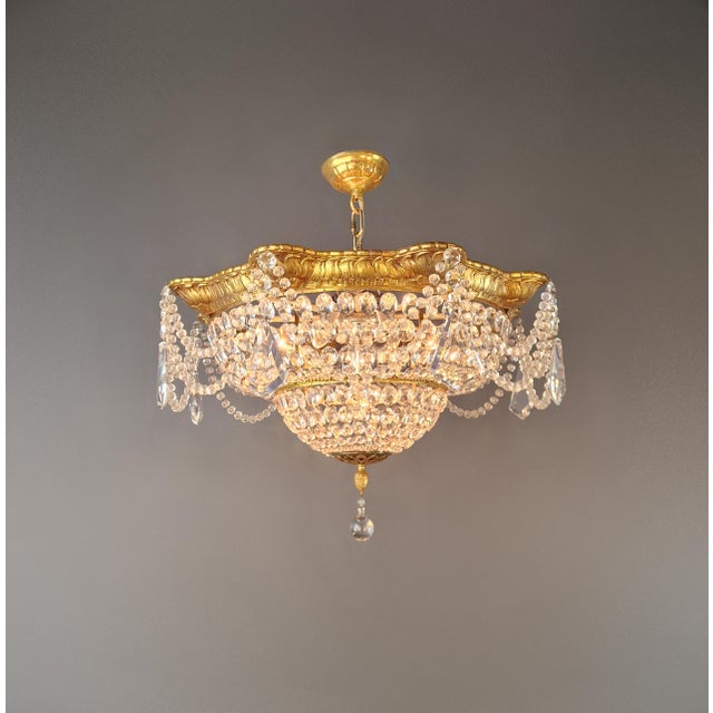 1900s Baroque Revival Crystal Chandelier Brass Basket Form Restored Historicism For Sale - Image 9 of 13