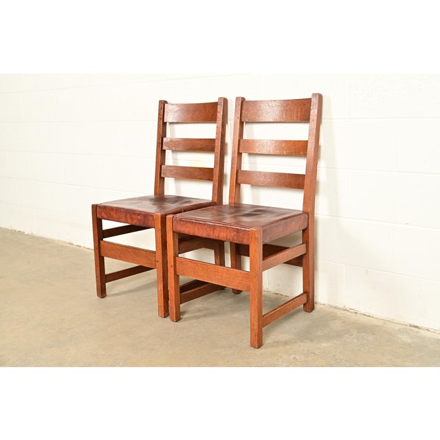 Early 20th Century L. & J. G. Stickley Antique Mission Oak Arts & Crafts Ladder Back Side Chairs or Dining Chairs | Pair For Sale - Image 5 of 17