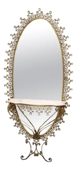 Large Mid 20th Century Oval Floor Mirror in Iron with Consolle Table in Marble attributed to Pier Luigi Colli