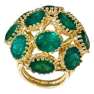 22Ct Natural Emerald, 12 Oval Stone Dome Shape Cocktail Ring 14 Kt Yellow Gold For Sale