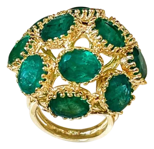 22Ct Natural Emerald, 12 Oval Stone Dome Shape Cocktail Ring 14 Kt Yellow Gold