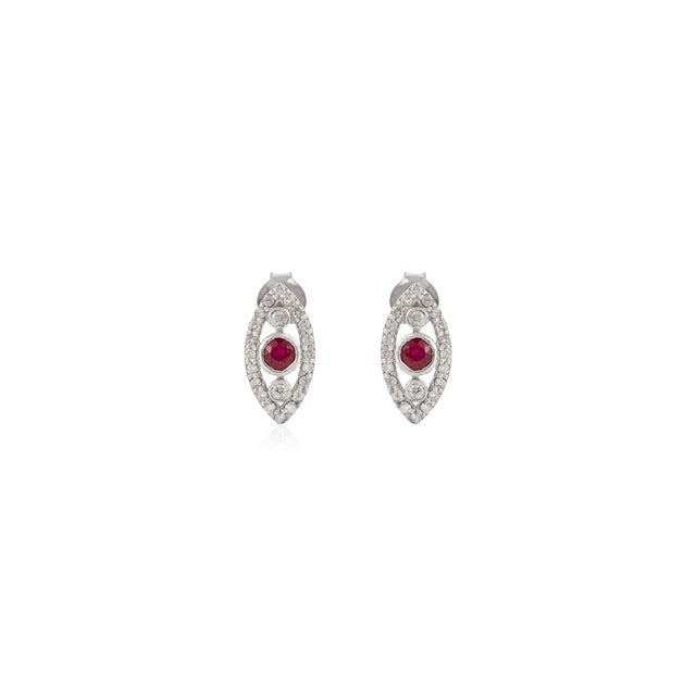 Minimalism Art Deco Style Solid Silver Ruby & Diamond Marquise Stud Earrings- A Pair For Sale - Image 3 of 11