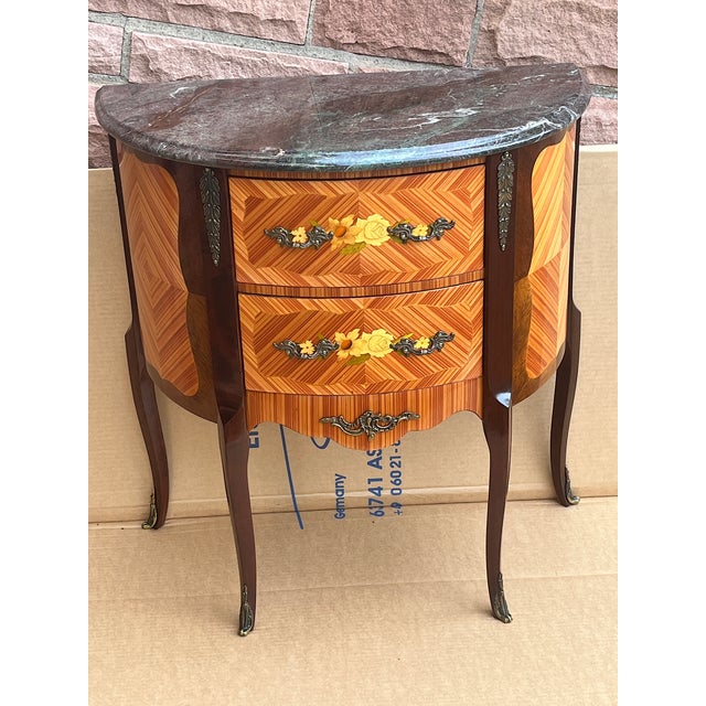 Baroque Style Walnut Inlaid Chest of 2 Drawers with Marble Top, 1960s, in Very Good conditions. Designed 1960 to 1969 I...