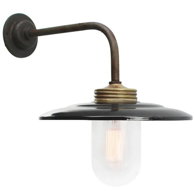 Rust Cast Iron Barn light black enamel, white interior, clear striped glass Diameter cast iron wall piece: 10.5 cm / 4...